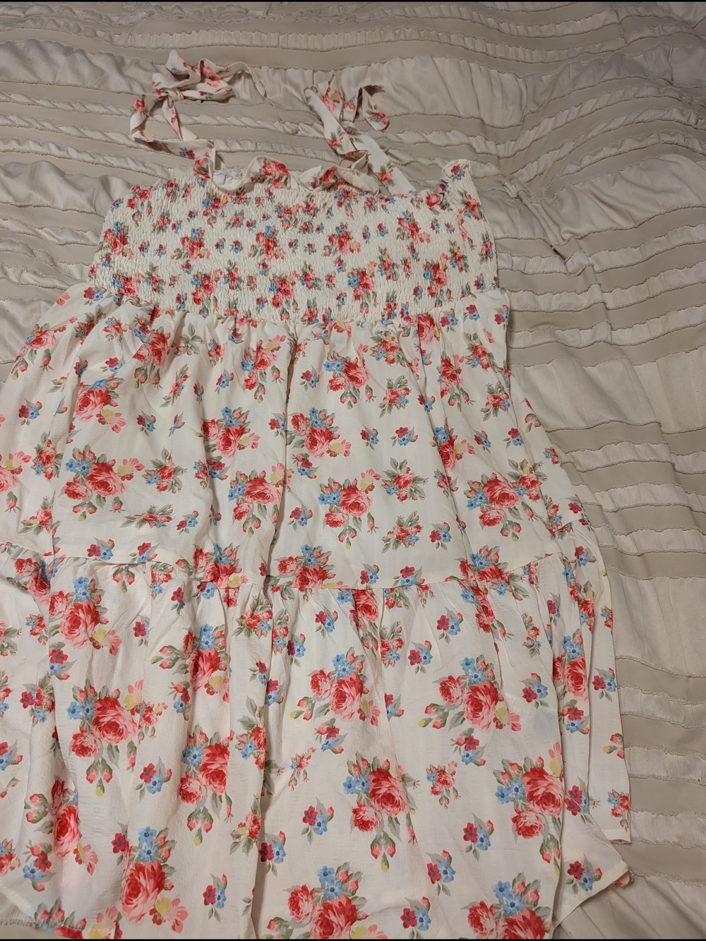 SHEIN White Floral Tiered Smocked Sundress with Pink & Blue Flowers